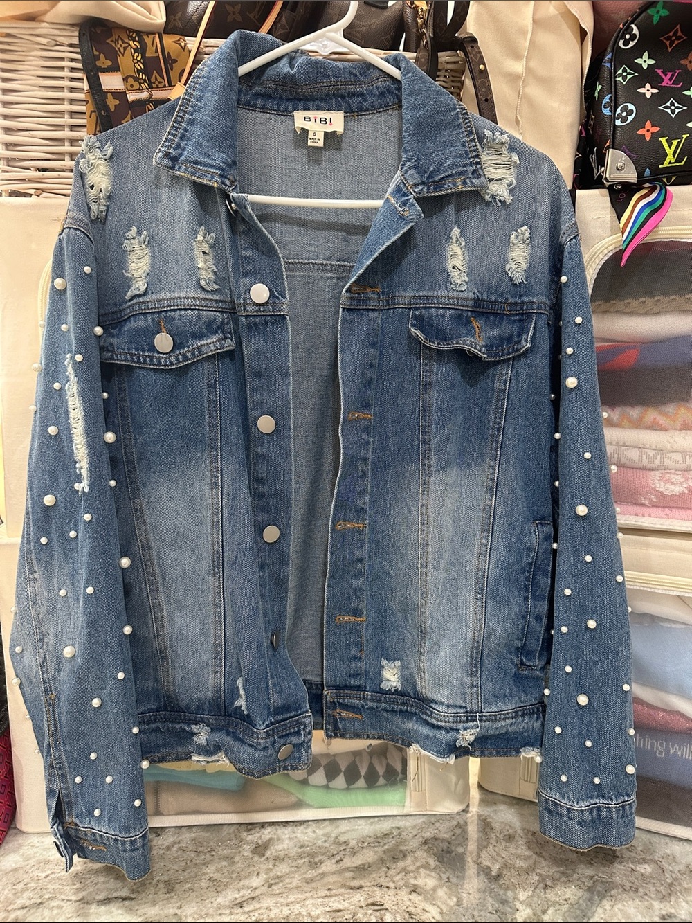 BiBi Womens Pearl-Embellished Distressed Denim Jacket